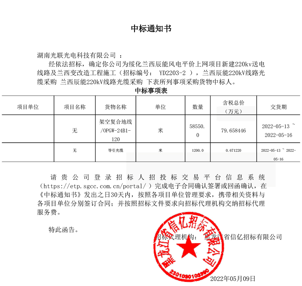 蘭西辰能風電項目220KV送電線路OPGW光纜中標通知